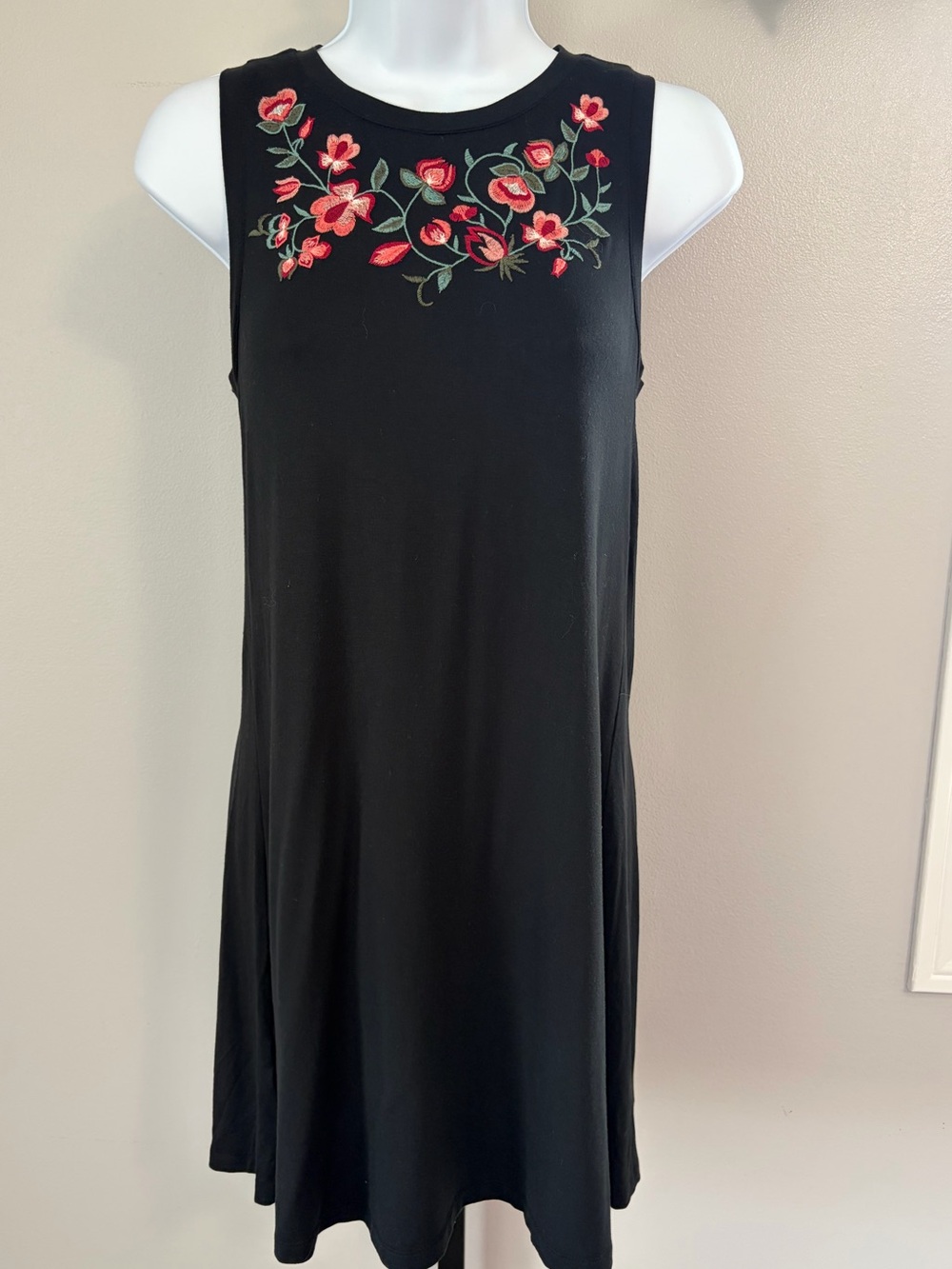 Loft- Black Sleeveless Mini Dress with Pink Floral Embroidery